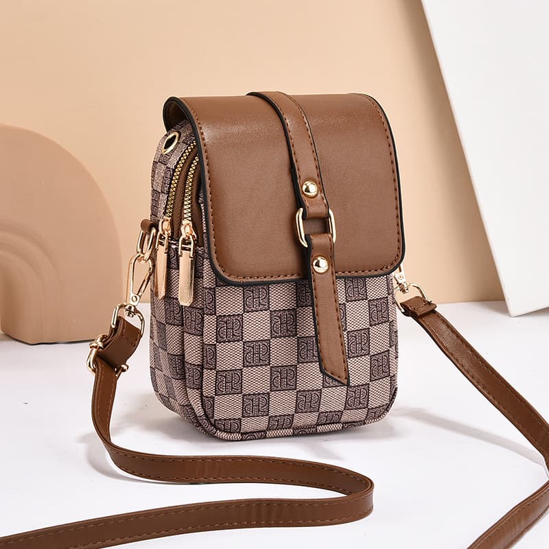 Mini Crossbody Phone Bag Compact PU Leather Multiple Pockets Headphone Port Khaki