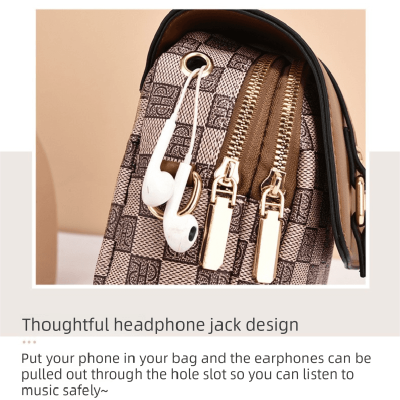Mini Crossbody Phone Bag Compact PU Leather Multiple Pockets Headphone Port Khaki