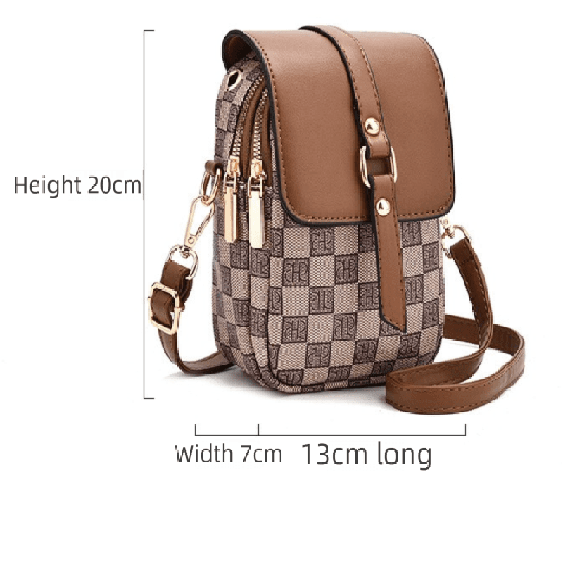 Mini Crossbody Phone Bag Compact PU Leather Multiple Pockets Headphone Port Khaki