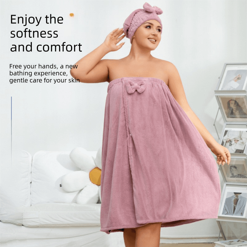 Plus Size Bath Wrap Dress Soft Absorbent Towel Robe Adjustable Elastic Waist Bow Detail White
