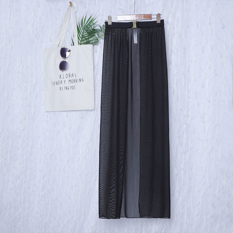 Black High-Waisted White Swim Skirt with Gold Buckle Belt – Elegant Long Beach Cover-Up for Women, Ideal for Poolside and Tropical Vacations(Size: S)