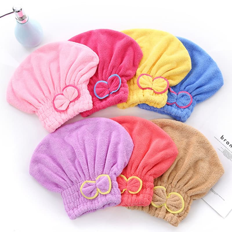 Hair Drying Towel Cap Double-Layered Absorbent Coral Fleece 3-Pack Yellow with Bow Design