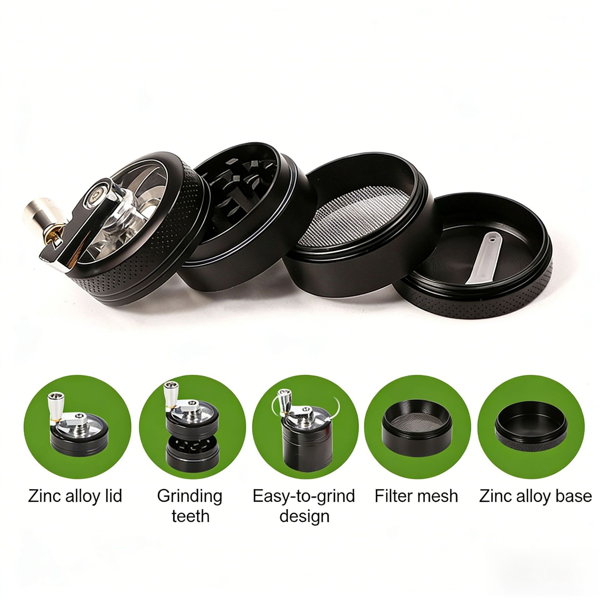 Green 40mm Zinc Alloy 4-Layer Hand-Crank Grinder – Compact Metal Spice & Herb Crusher with Stainless Steel Teeth, Filter Mesh, and Portable Design