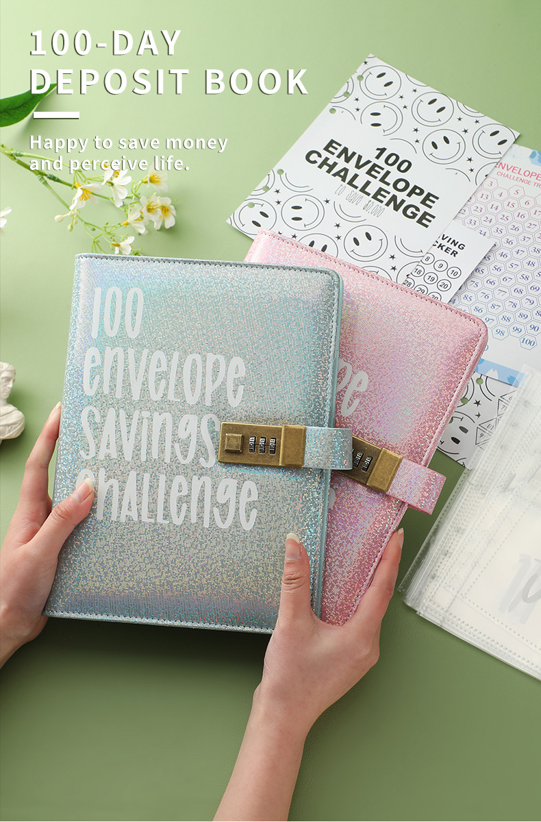 100 Envelope Savings Challenge Binder with Password Lock A5 Cash Stuffing Budget Planner Book Money Organizer for Couples (Blue)