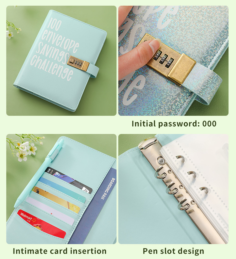 100 Envelope Savings Challenge Binder with Password Lock A5 Cash Stuffing Budget Planner Book Money Organizer for Couples (Blue)