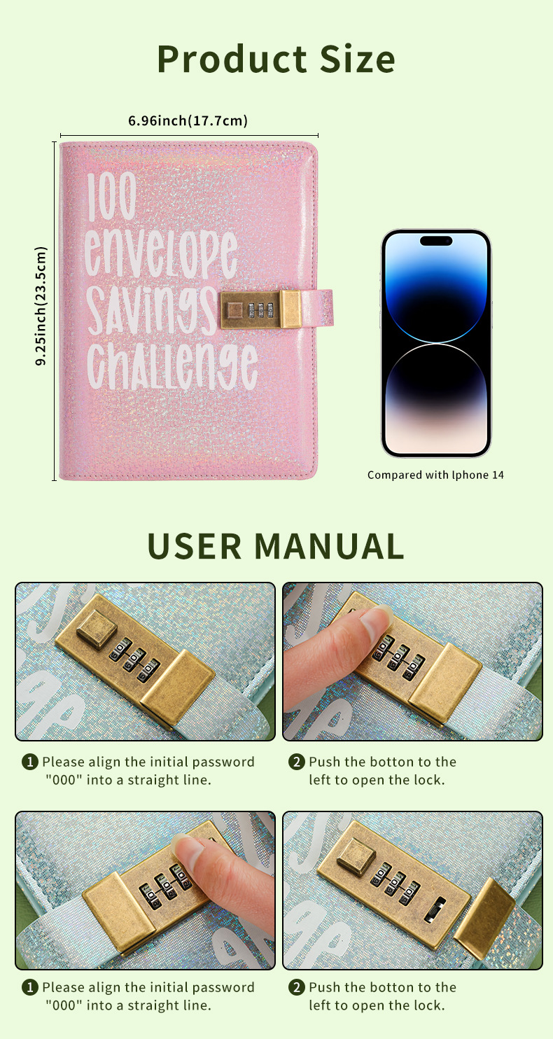 100 Envelope Savings Challenge Binder with Password Lock A5 Cash Stuffing Budget Planner Book Money Organizer for Couples (Blue)