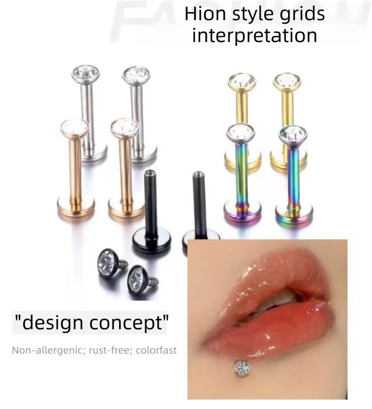 2 PCS Internally Threaded Labret Studs - 16G 8mm Stainless Steel Flat Back with 3mm CZ Crystal - Black Tone Body Piercing for Lip Tragus Helix