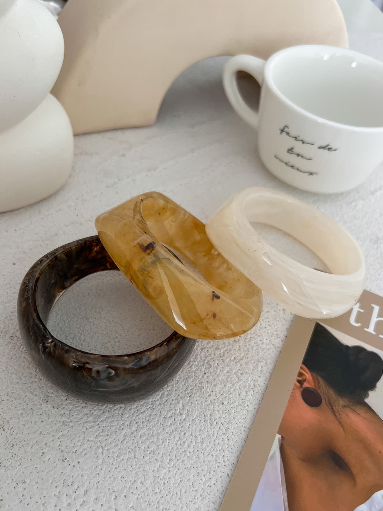 Chunky Resin Bangle Bracelet - Irregular Geometric Square Cuff - Beige Tortoiseshell Tone Wide Wristwear for Women