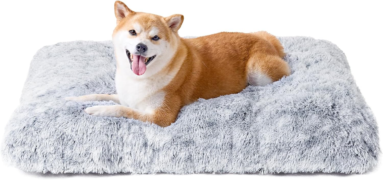Luxury Long Plush Pet Bed Mat Faux Fur Crate Pad 65x50cm Light Grey Soft Warm Cushion for Medium Dogs