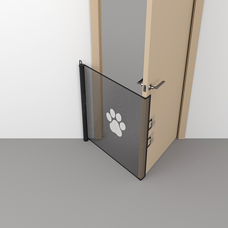 Retractable Pet Safety Gate 130x78cm Paw Print Mesh Dog Barrier Automatic Rebound No Drill Fence for Stairs and Doorways
