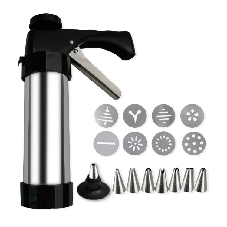 Stainless Steel Cookie Press Gun Kit Biscuit Maker & Icing Decorator Set with 8 Discs 8 Nozzles Heavy Duty DIY Baking Tool for Cakes