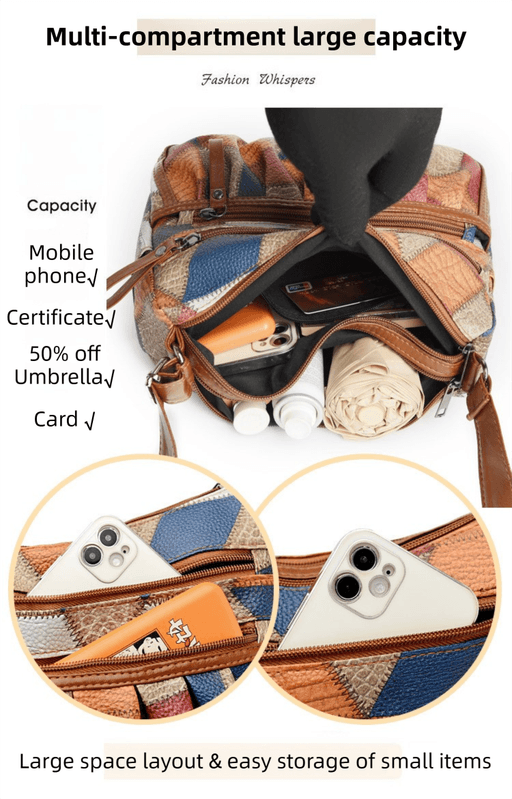 Shoulder Bag Lightweight PU Leather Pleated Multi-Zipper Large Capacity Contrast Color Patchwork for Women