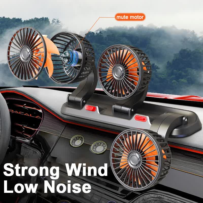 3-in-1 Powerful Car Dual Head Fan (12V Lighter Power) - Quiet Cooling Fan Integrated Aromatherapy & Number Plate, with 360° Rotation & 130cm Long Cord