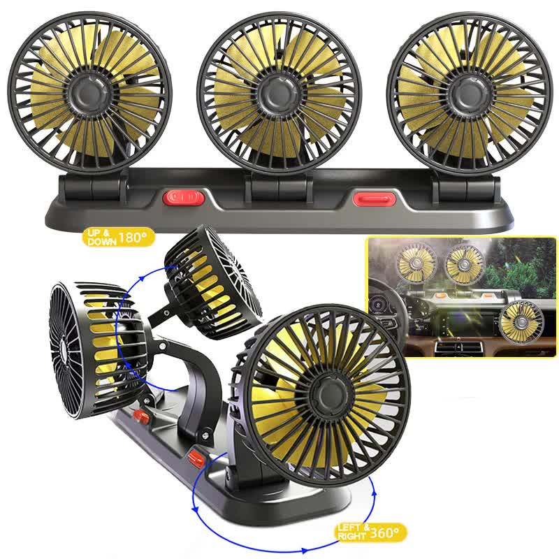 3-in-1 Powerful Car Dual Head Fan (12V Lighter Power) - Quiet Cooling Fan Integrated Aromatherapy & Number Plate, with 360° Rotation & 130cm Long Cord
