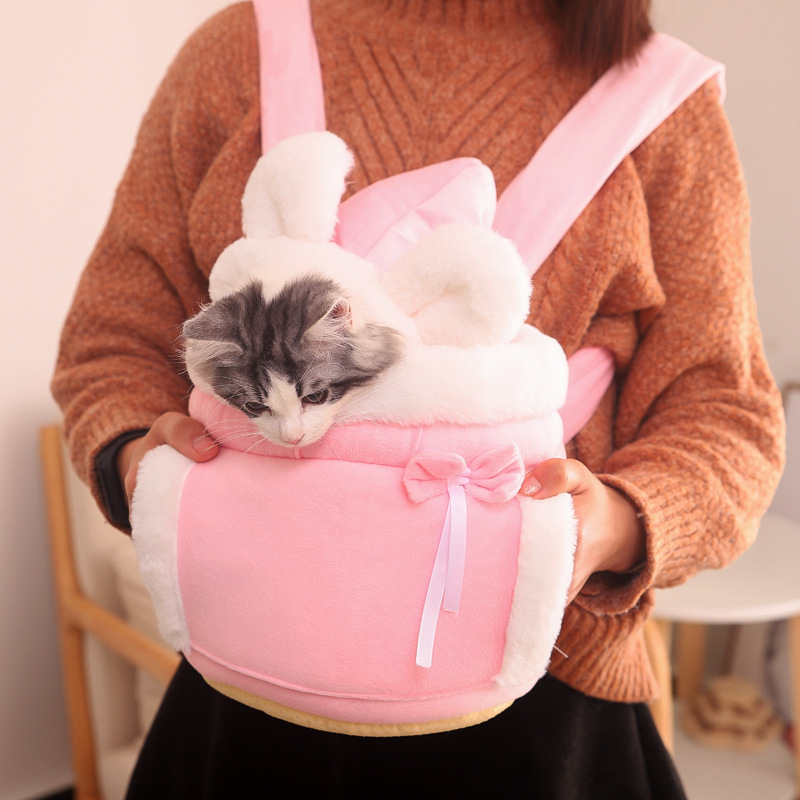 Pink 2-in-1 Ultra-Soft Plush Pet Carrier & Mobile Bed - Portable & Lightweight Cute Rabbit Ear Design Travel Cabin (XL 38 x 25 x 30CM)