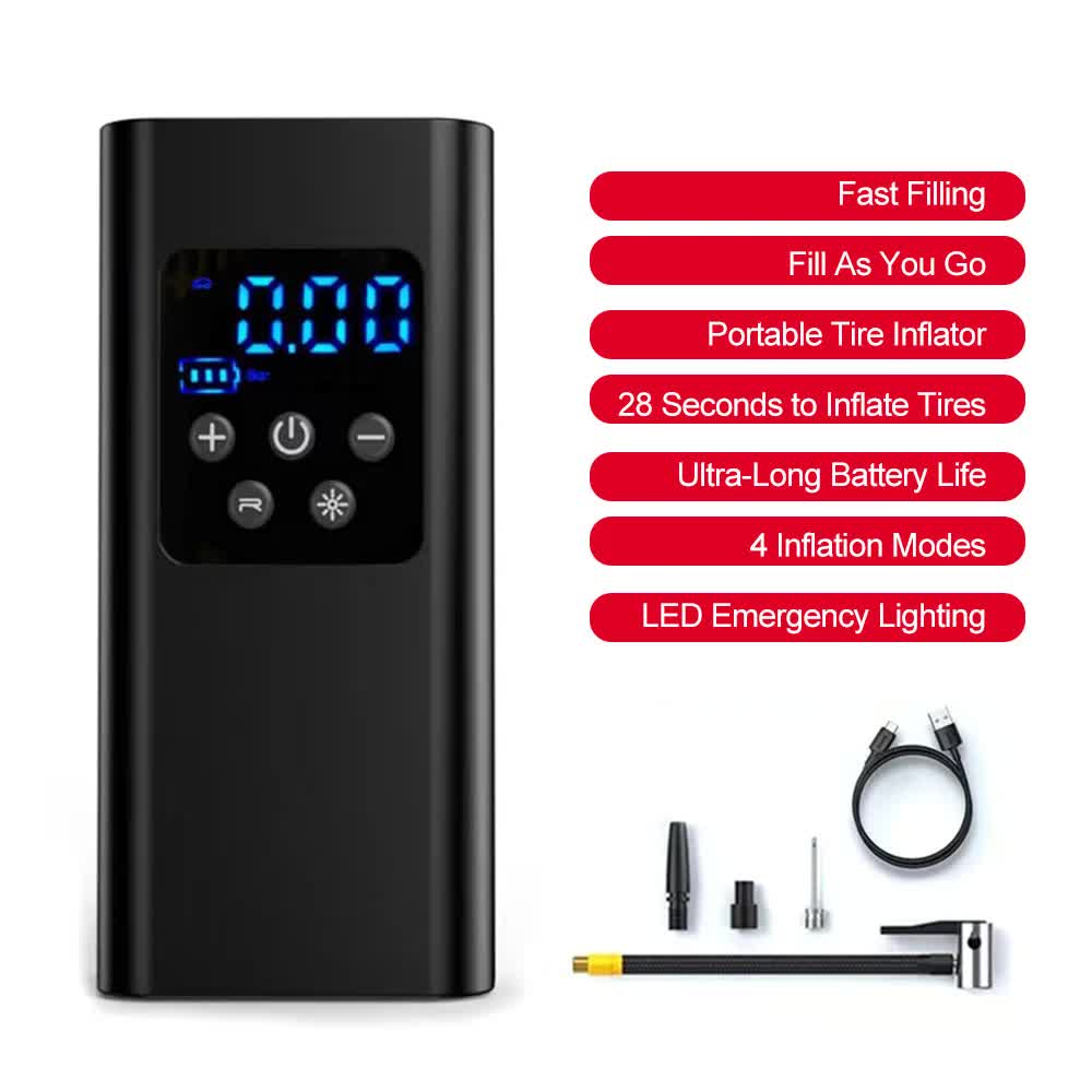 Portable 12V Lighter Electric Tire Inflator with 4 Inflation Modes & 5 Inflatable Parts - Real-Time LCD Precision Gauge, Auto-Stop & Emergency LED Light