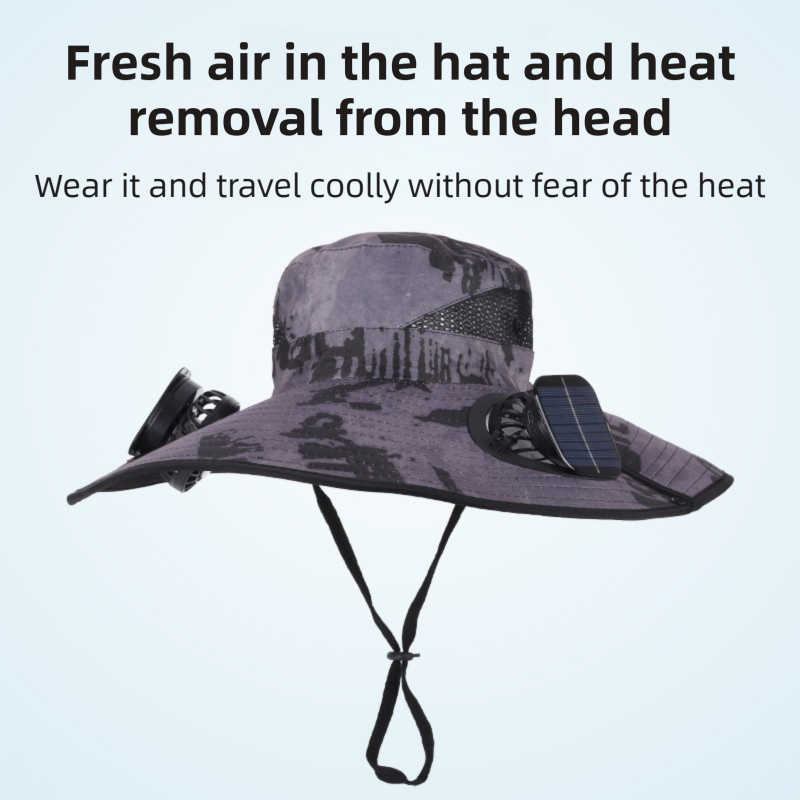 Khaki Dual Turbo Fan Sun Hat with Round Solar Panel & TypeC Interface - Waterproof 14cm Wide-Brim Cooling Hat for Outdoor Fishing Hiking Camping