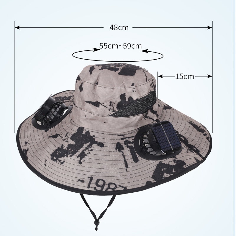 Khaki Dual Turbo Fan Sun Hat with Round Solar Panel & TypeC Interface - Waterproof 14cm Wide-Brim Cooling Hat for Outdoor Fishing Hiking Camping