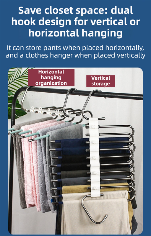 5-Layers Sliver Stainless Steel Pants Rack with Horizontal / Vertical Modes and Expandable Pull-Out Rods - High-Load Folding Magic Hanger