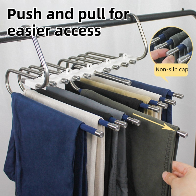 9-Layers Sliver Stainless Steel Pants Rack with Horizontal / Vertical Modes and Expandable Pull-Out Rods - High-Load Folding Magic Hanger