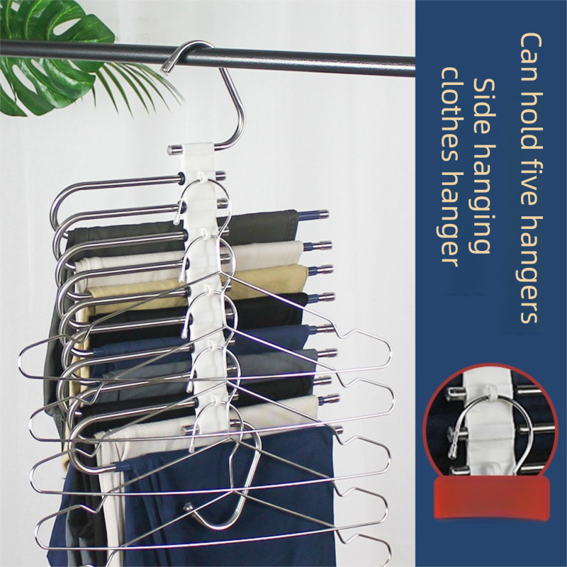 9-Layers Sliver Stainless Steel Pants Rack with Horizontal / Vertical Modes and Expandable Pull-Out Rods - High-Load Folding Magic Hanger