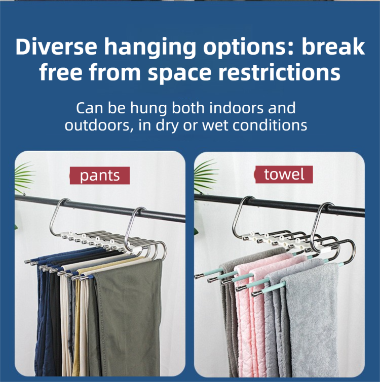 9-Layers Sliver Stainless Steel Pants Rack with Horizontal / Vertical Modes and Expandable Pull-Out Rods - High-Load Folding Magic Hanger