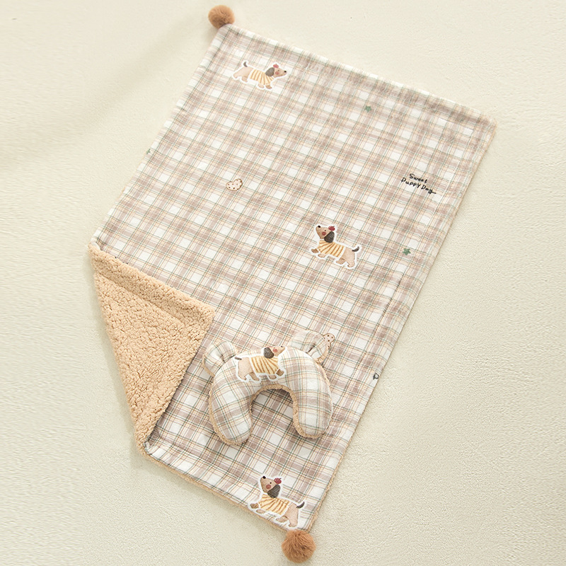 Plaid Puppy Premium Soft Fleece Dog Bed Quilt & Pillow Set (M Size 70 x 50 CM) - All-Season Reversible Warm Cat Nap Pad
