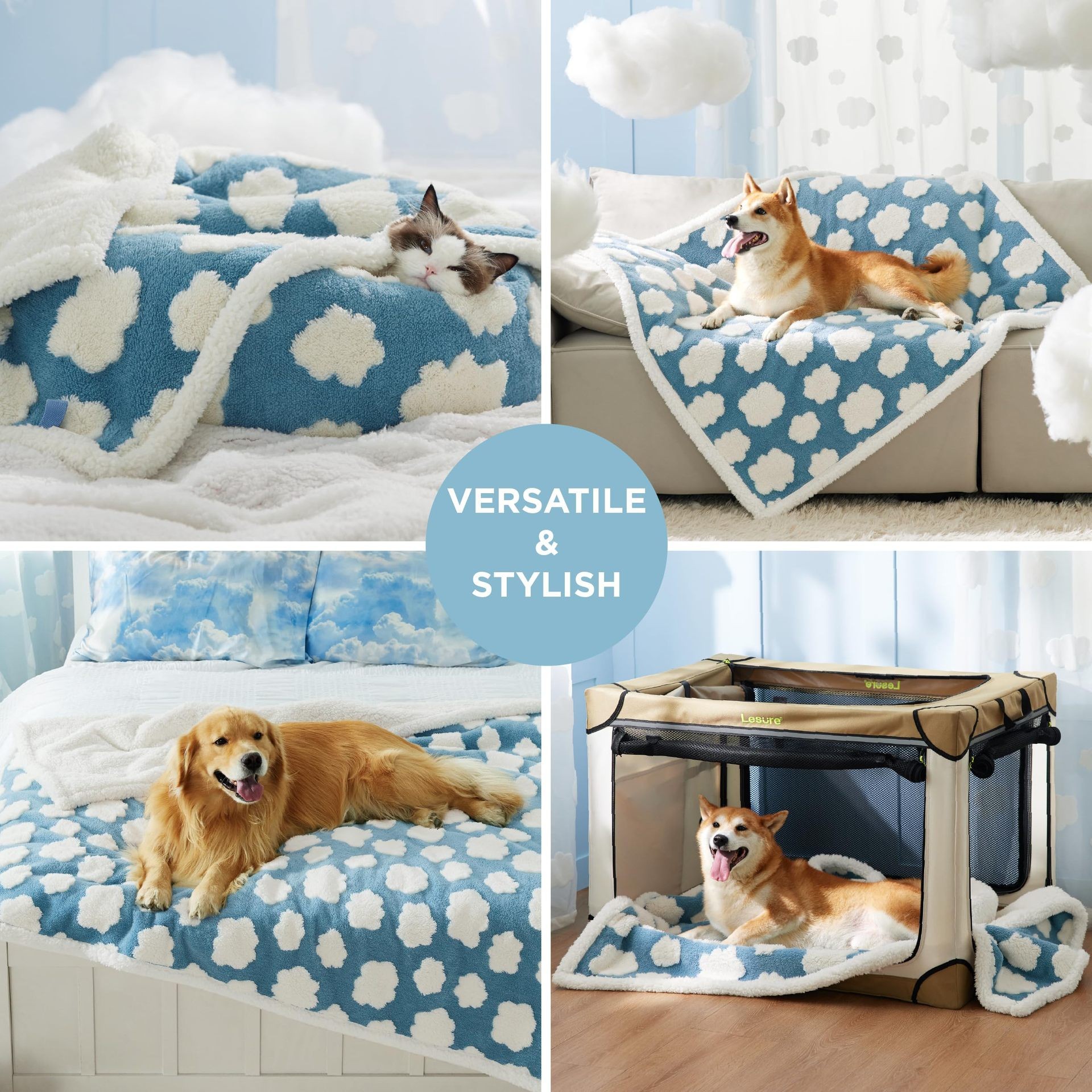 75 x 100 CM Waterproof Soft Sherpa Fleece Pet Blanket (Blue Sky & Clouds) - Reversible Thickened Furniture Protector for Dogs & Cats