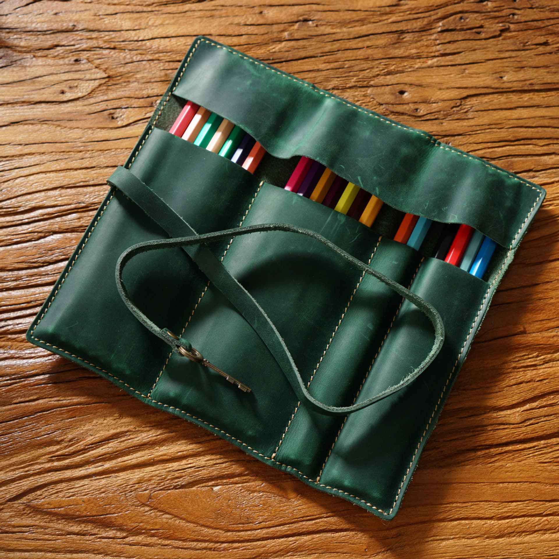 Genuine Crazy Horse Leather Pencil Roll Case Vintage Pen Wrap 4 Slots Brown