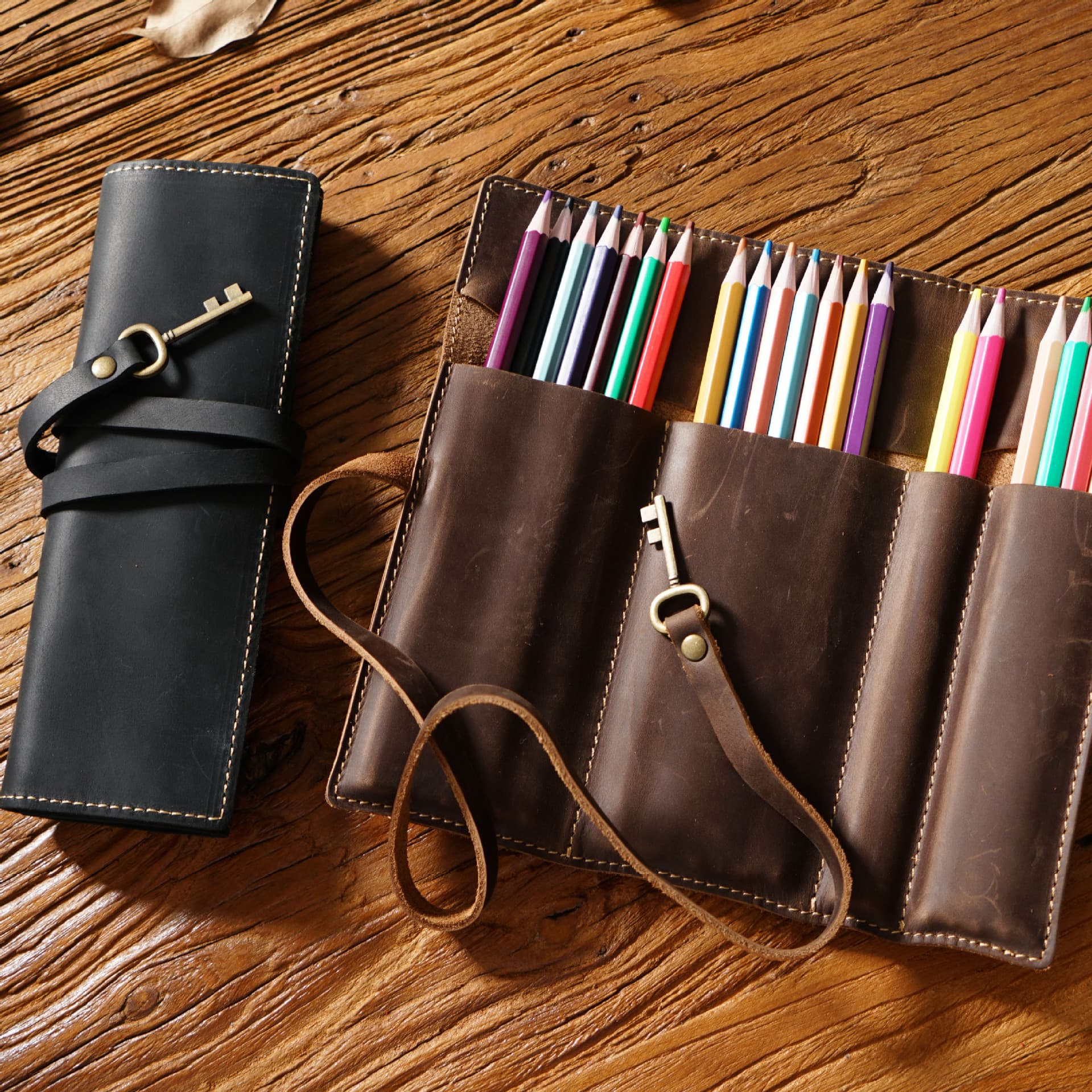 Genuine Crazy Horse Leather Pencil Roll Case Vintage Pen Wrap 4 Slots Brown