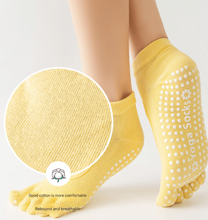 Yellow 3-Pack Women's Non-Slip Five-Finger Yoga Socks - Open Back Combed Cotton Pilates & Fitness Grip Socks for Professional Exercise