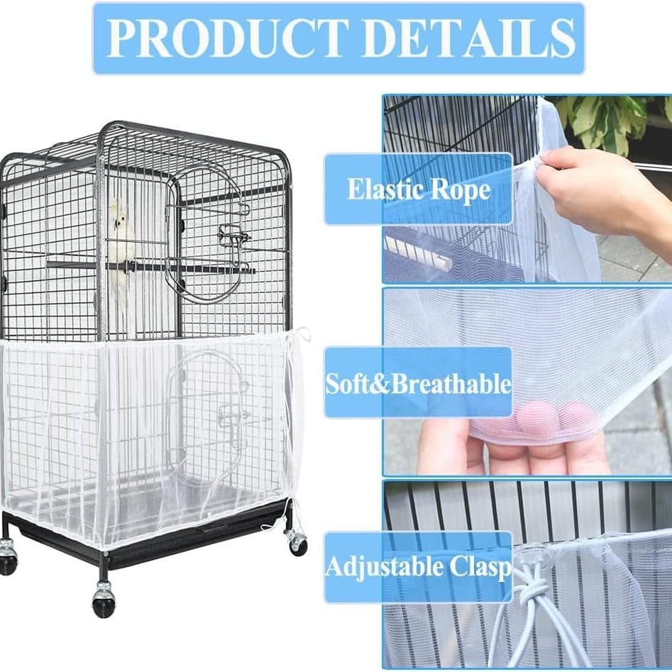 Large Bird Cage Seed Catcher Net Cover Adjustable Mesh Guard Splash-Proof Dust Cover for Indoor Outdoor Cages White Height 30 Circumference 220