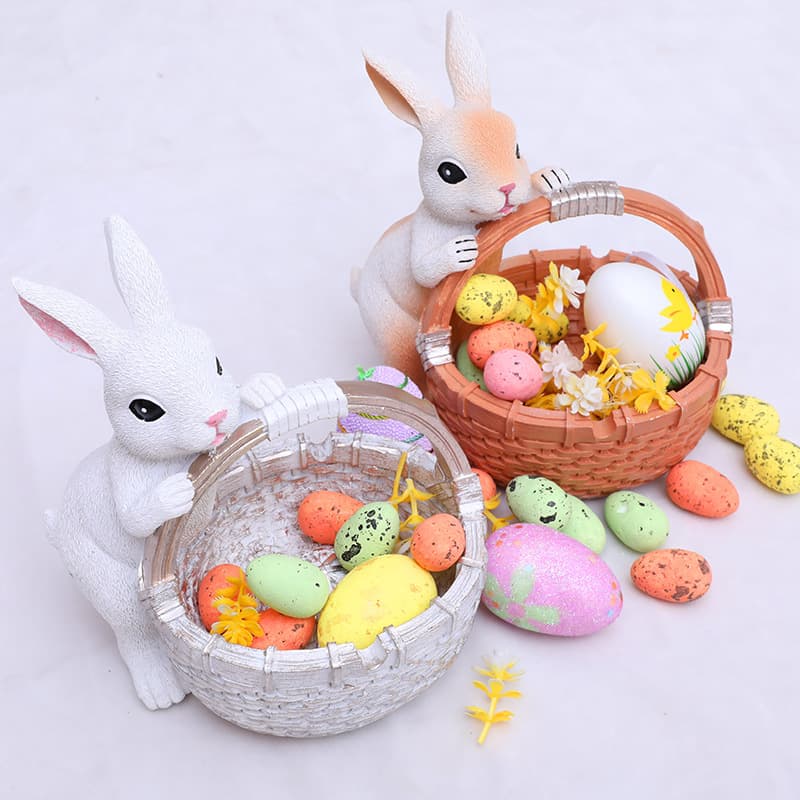 Easter Decorations Resin Rabbit Basket Decor Cute Design 16cm White