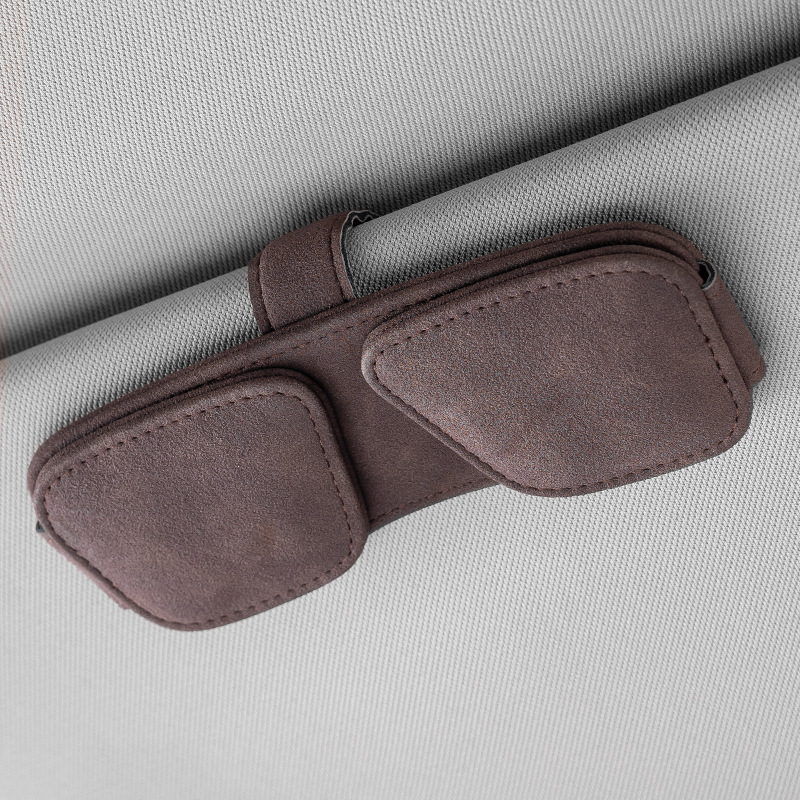 Brown Car Sun Visor Sunglasses Holder – Magnetic Dual Clip Organizer with Suede Finish, No-Drill Mounting for Glasses, Cards & Tickets