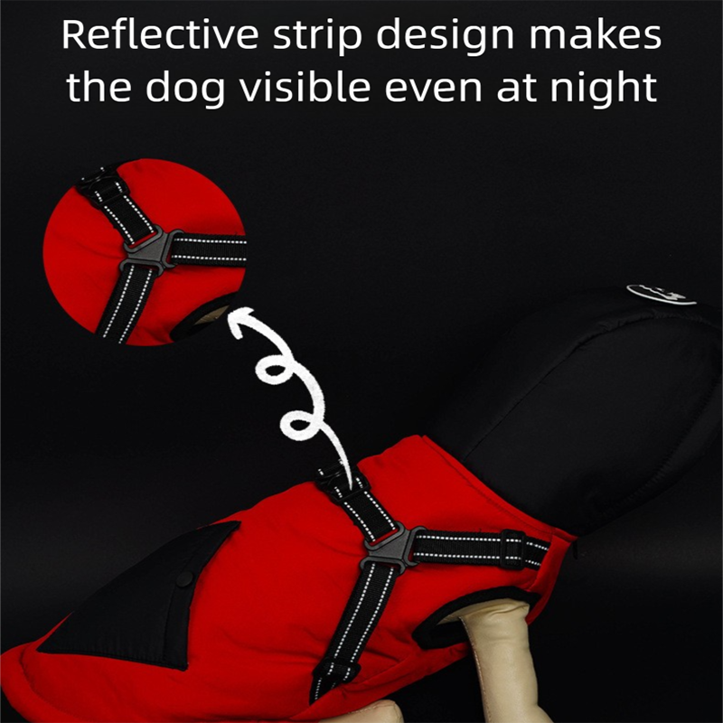 Red Thickened Winter Dog Coat with Reflective Strips – Waterproof, Windproof Pet Jacket for Small to Medium Dogs, Adjustable Fit with Detachable Leash Hook and Decorative Velcro Patch(Size: S)