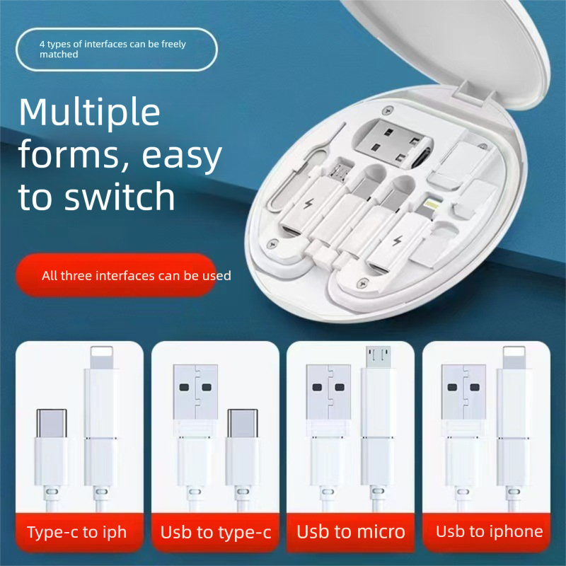 2-Pack Black and white 60W Fast Charging Cable Kit with Storage Box - 5-in-1 Multi-Interface Data Cable Set with Phone Stand & SIM Ejector Tool - Universal Compatibility for iPhone, Android, and Type-C Devices - Portable Travel Gadget Organizer