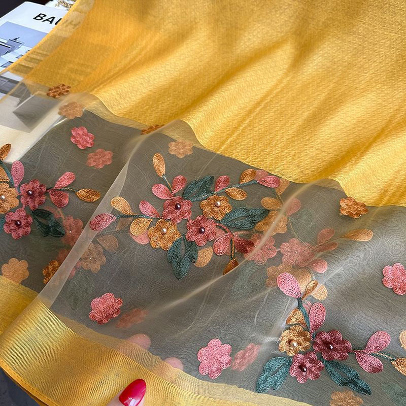 Light gray Elegant Embroidered Begonia Flower Long Scarf for Women - Beaded Faux Silk Shawl with Floral Design, Lightweight Sunscreen Wrap for Spring Autumn Daily Wear
