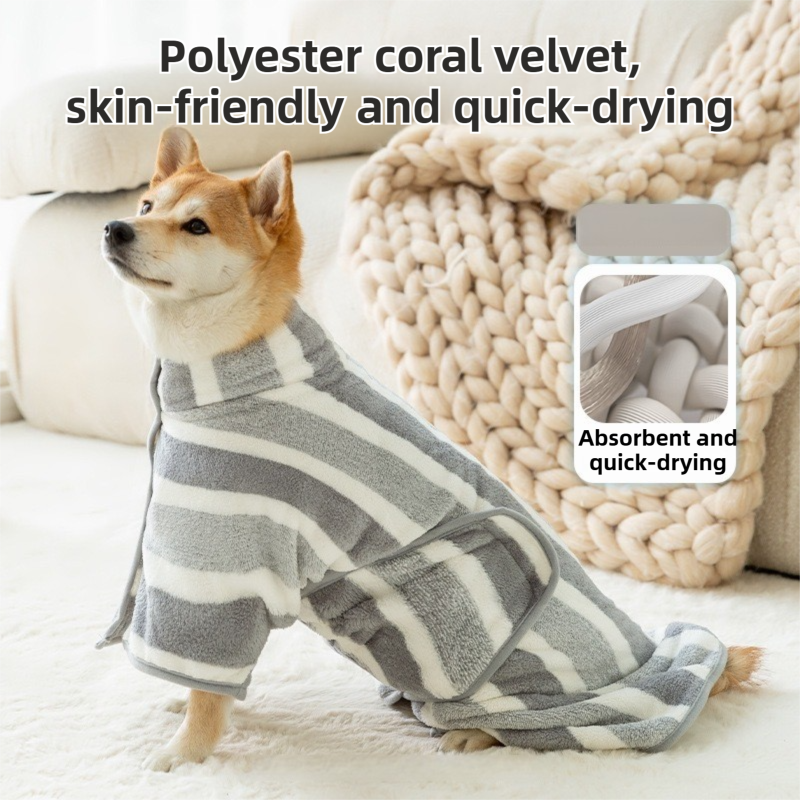 Brown Stripes Super Absorbent Pet Bathrobe with Waist Belt & Neck Snap - Full Coverage Quick-Drying Towel for Dogs & Cats (S Size)