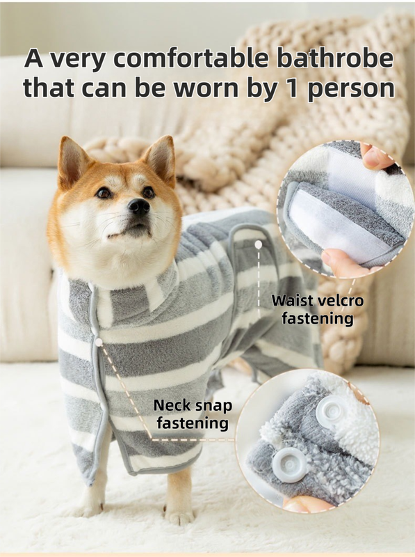 Brown Stripes Super Absorbent Pet Bathrobe with Waist Belt & Neck Snap - Full Coverage Quick-Drying Towel for Dogs & Cats (L Size)