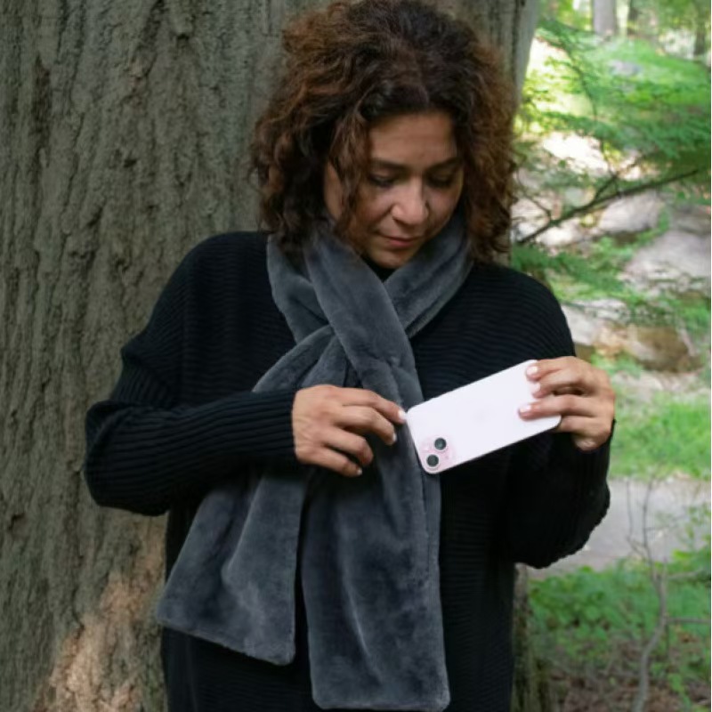 Black Soft Faux Fur Scarf with 15x20CM Hidden Zipper Pocket - Anti-Theft Travel Scarf for Phone, Passport and Essentials