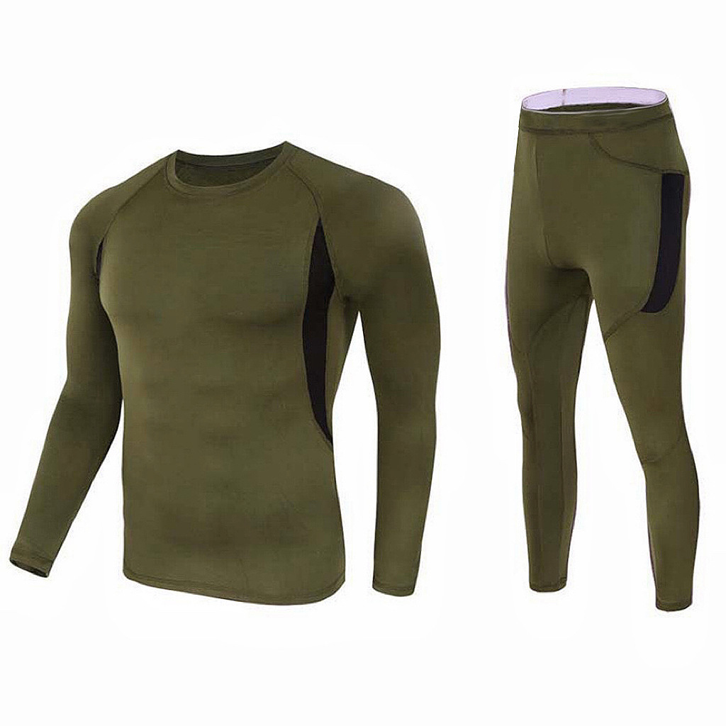 M Size Green Men's Tactical 4-Way Stretch Fleece Lined Thermal Underwear Set - Winter Sweat-Wicking & Breathable Sportswear for Training & Outdoors