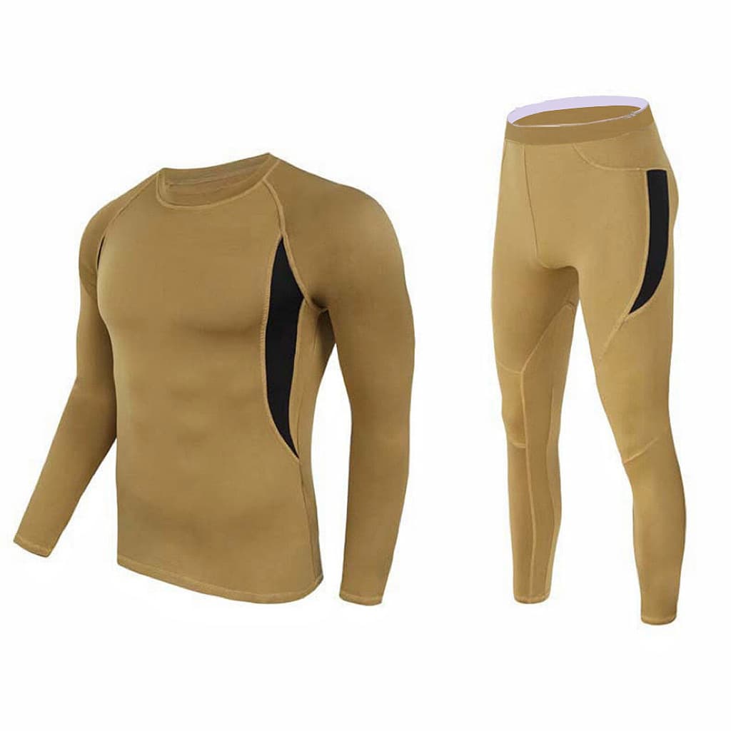 M Size Khaki Men's Tactical 4-Way Stretch Fleece Lined Thermal Underwear Set - Winter Sweat-Wicking & Breathable Sportswear for Training & Outdoors