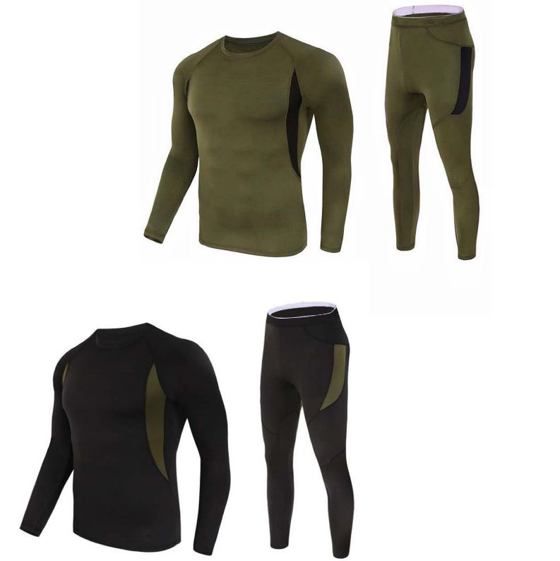 2-Pack XXL Size Men's Tactical 4-Way Stretch Fleece Lined Thermal Underwear Set(Black + Green) - Winter Sweat-Wicking & Breathable Sportswear for Training & Outdoors