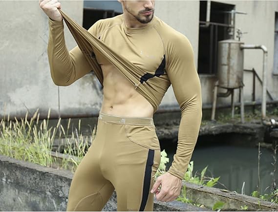 2-Pack L Size Men's Tactical 4-Way Stretch Fleece Lined Thermal Underwear Set(Black + Khaki) - Winter Sweat-Wicking & Breathable Sportswear for Training & Outdoors