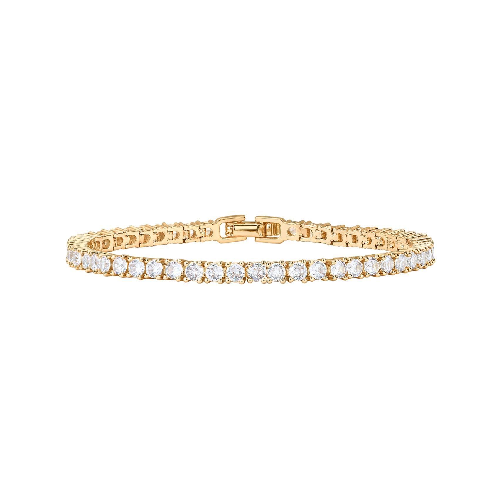 Gold 4.0mm Iced-Out Zirconia Tennis Bracelet with Secure Clasp - Classic Luxury Rhinestone Tennis Chain for Men & Women (8 Inches)