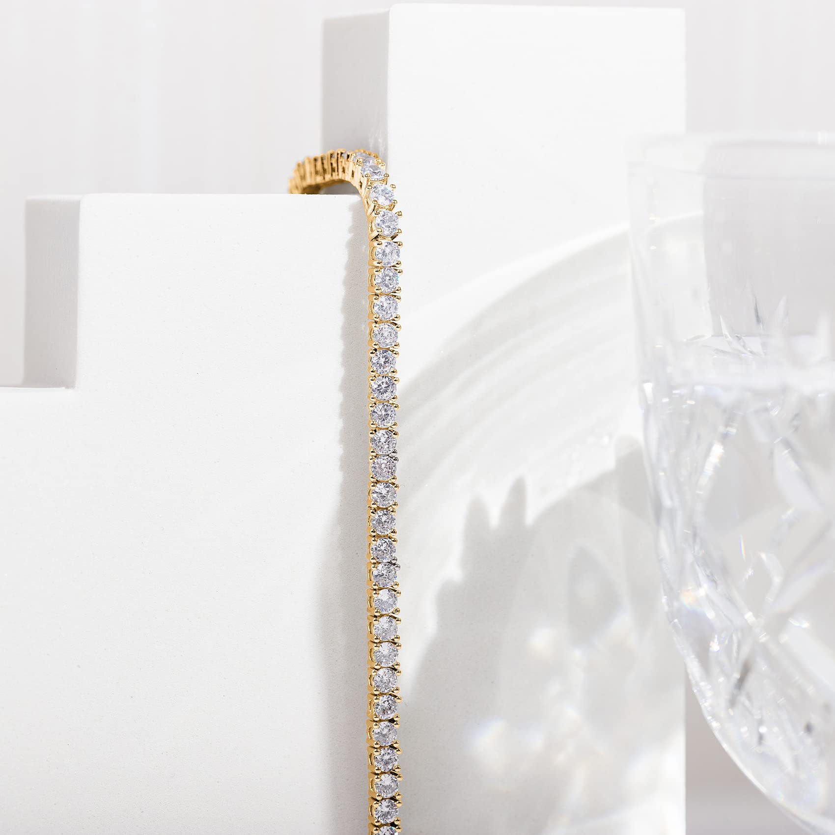 Gold 4.0mm Iced-Out Zirconia Tennis Bracelet with Secure Clasp - Classic Luxury Rhinestone Tennis Chain for Men & Women (8 Inches)