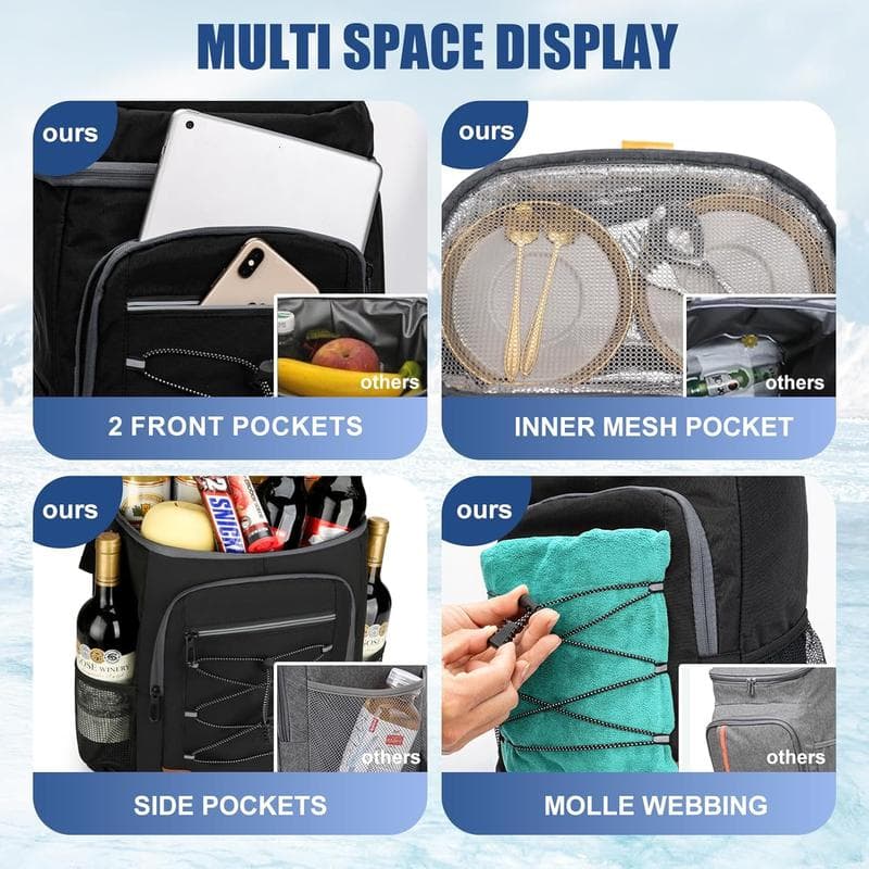 Insulated Picnic Backpack Large 5.55 Gallons Leak-Proof Interior Dark Grey Waterproof Thermal Bag for Camping Hiking Outdoor Travel
