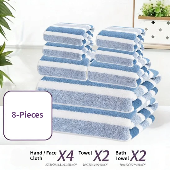 8-Piece Blue Luxury Coral Fleece Towel & Bath Sheet Set - Ultra-Soft High-Density Absorbent Towels Complete Bundle