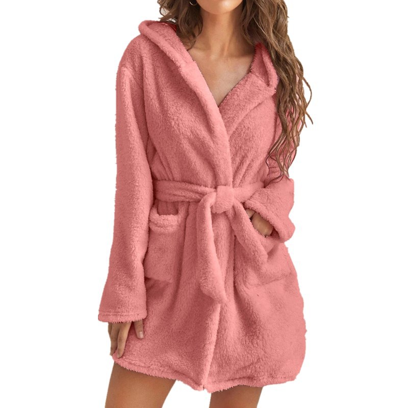 Pink 2XL Size Women's Ultra-Thick Plush Robe with Large Hood & Pockets - Warm Winter Double-Layer Sherpa Fleece Lounge, Bathrobe & Nightwear