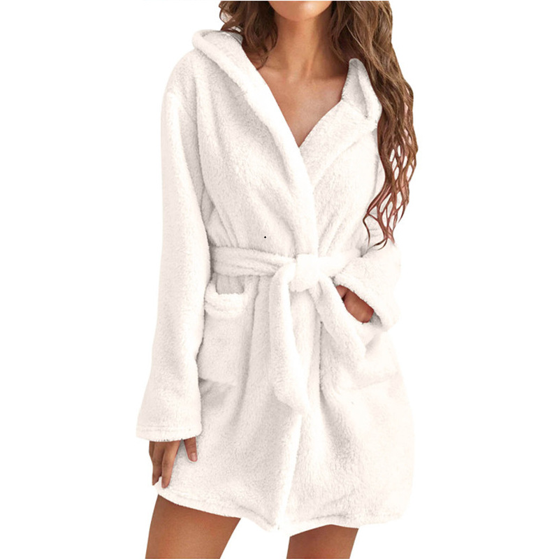 White 2XL Size Women's Ultra-Thick Plush Robe with Large Hood & Pockets - Warm Winter Double-Layer Sherpa Fleece Lounge, Bathrobe & Nightwear